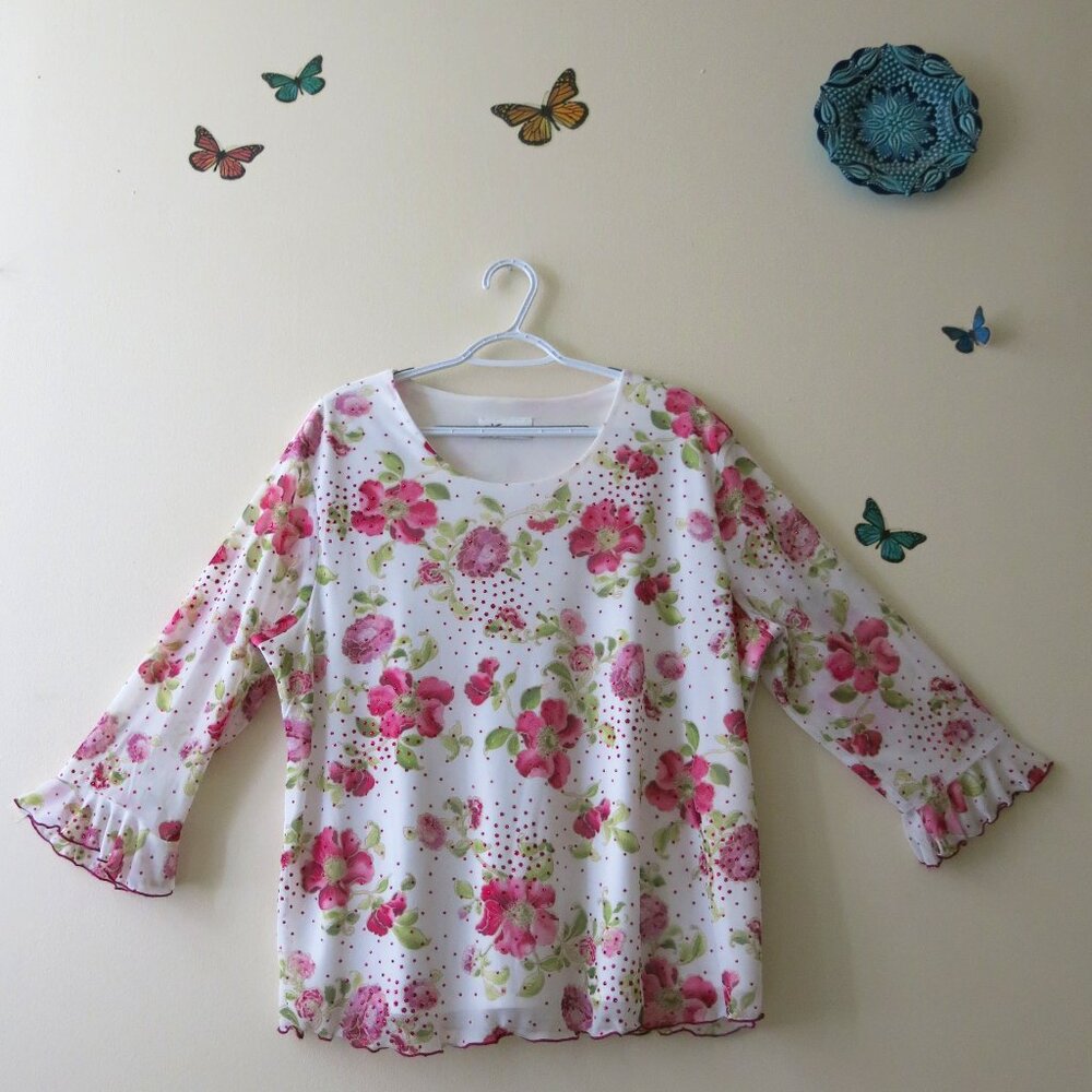 Dress Barn Bohemian Chic Polyester Voile Pink White Floral Lined Blouse Size XL
